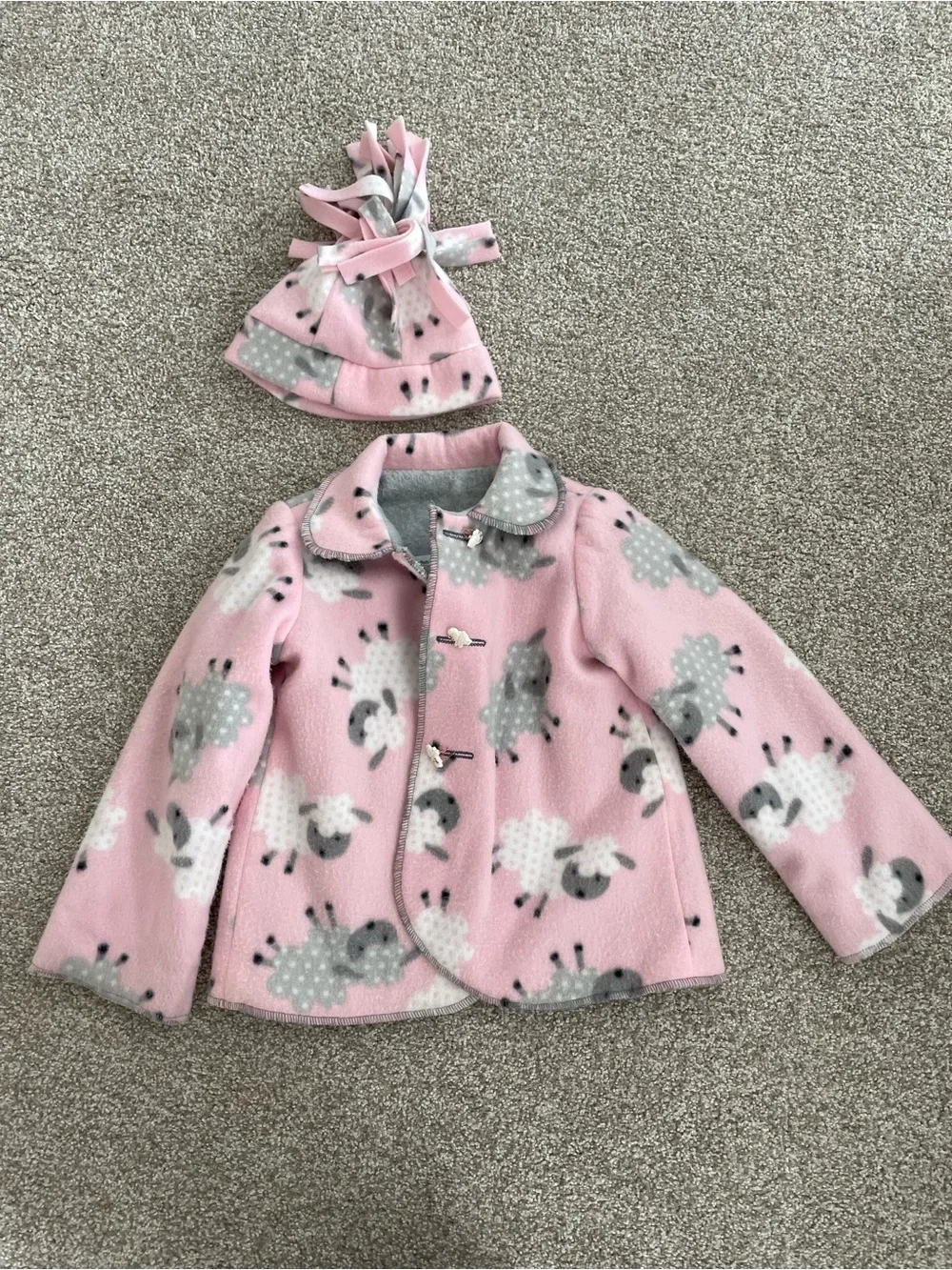 Pink Fleece Pea Coat & Hat Set with Sheep Print